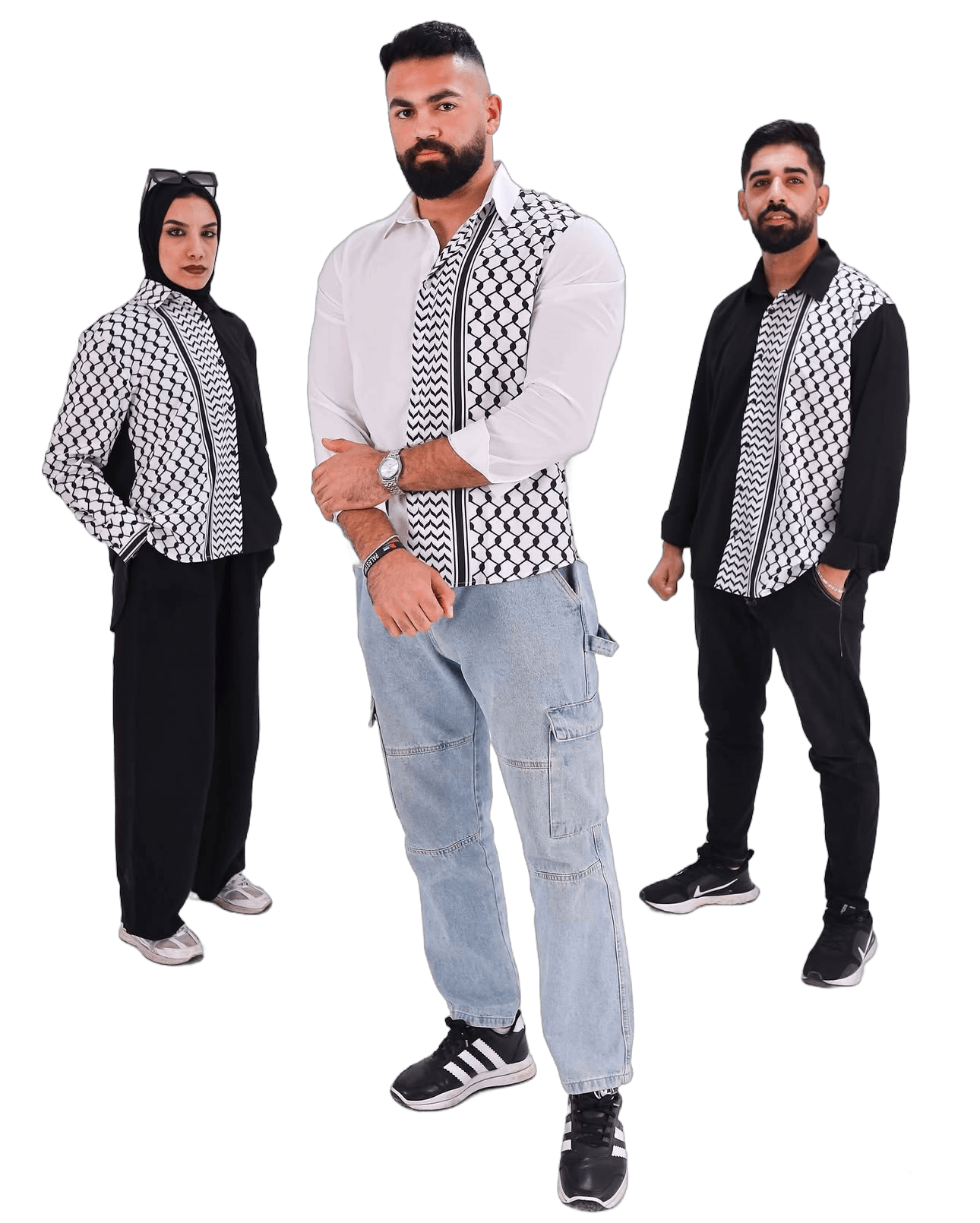 SHIMAA BRAND Models wearing Palestinian-inspired fashion with Keffiyeh designs